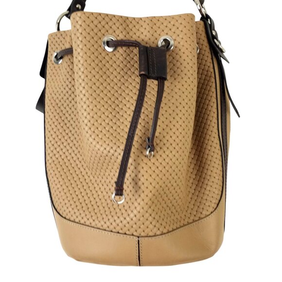The Trend Tan Genuine Leather Woven Basketweave Drawstring Bucket Bag - Picture 2 of 8